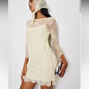 Reformation Cream Lace Slip Mini Dress with Sheer Sleeves (Annamarie two piece)
